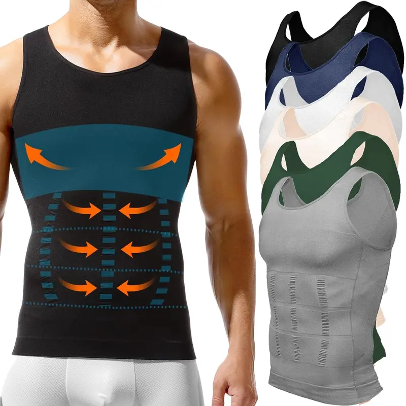 Men's Sleeveless Compression Shapewear Tank Top - Soft Plain Fabric Underwear, Breathable Lightweight Stretchy Mesh, Body Shaping Tummy Control Chest Protector, Slim-Fitted Vest for Sports & Casual Wear Menswear Shirt