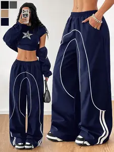 Fashionable American High Street Style Patchwork Design Sporty Women's Long Pants, Loose-Fitting Drop Waist, Elastic Waist, All Seasons