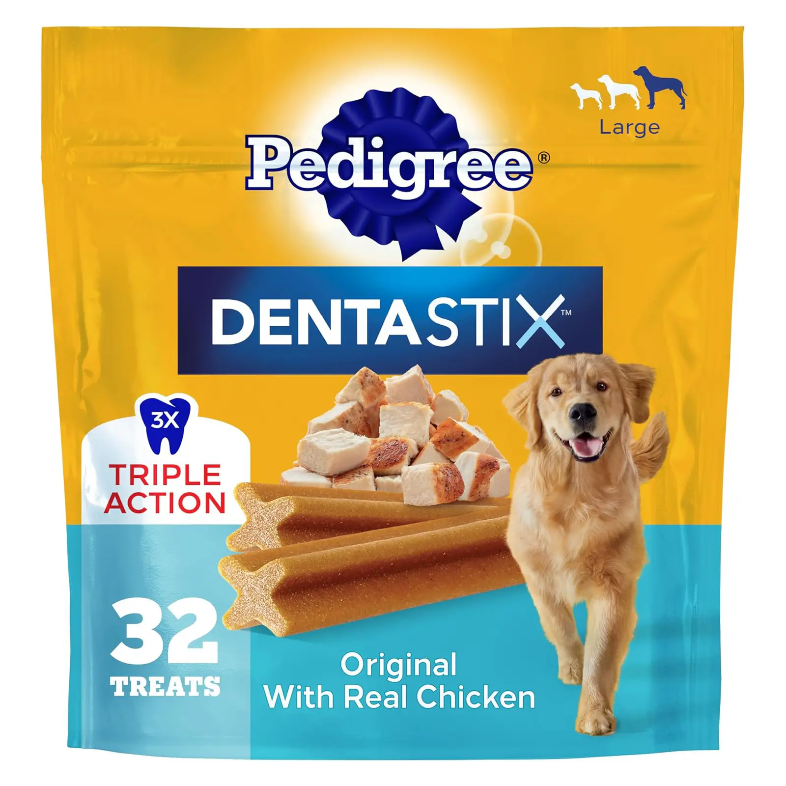 Pedigree Dentastix Large Breed Dental Dog Treats, Original, 32 Count Triple action dental care, reduces tartar, cleans teeth, freshens breath, for dogs 40+ lbs, no added sugar/fillers