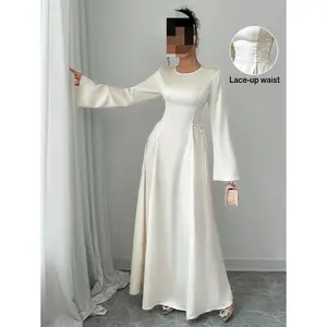 Elegant Apricot A-Line Cinched Waist Flare Sleeve Dress Maxi Satin Women Outfit Formal Womenswear