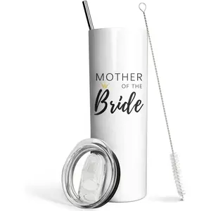 20 Oz White Stainless Steel Vacuum Insulated Skinny Tumbler Bottle - Portable Water Bottle for Mother of the Bride, Wedding Decor - Lid and Straw Included Travel Coffee Flask