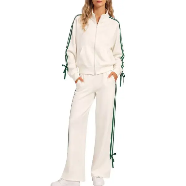 Fisoew Women's 2-Piece Sporty Tracksuit Set - Zip-Up Long Sleeve Cropped Jacket, Wide Leg Loose Pants with Striped Side Bow Details, Zip Closure, Casual Loungewear Sweat Suit, Long Sleeve Tops, Ribbed Cuffs