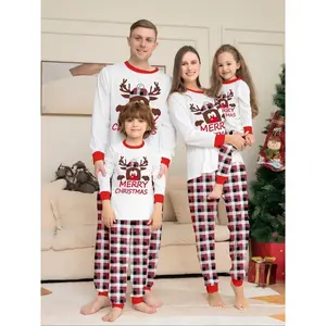 Family Christmas Pajamas Set, Cartoon Reindeer Print Top & Plaid Pants, Casual Home Wear, Fall Winter Fitted Sleepwear, 2 Piece Can be used with raincoat