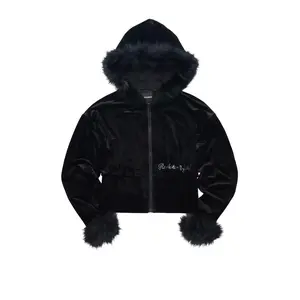 Shanika Black Velour Crop Hoodie With Fur Hood