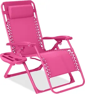 Adjustable Zero Gravity Chair, Monochromatic Color Folding Patio Recliner w/Side Tray, Headrest - Hot Pink