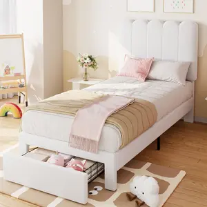 Twin Boucle Upholstered Bed Frame with Storage Drawer & Headboard, Low Profile Platform for Kids