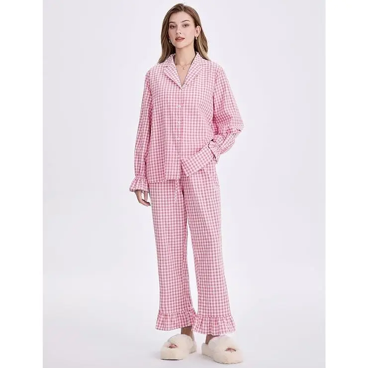 Womens Gingham Pajamas Sets Cotton Plaid Pjs Ruffled Sleeve Button Down Shirt Pants Y2k 2 Piece Lounge Set