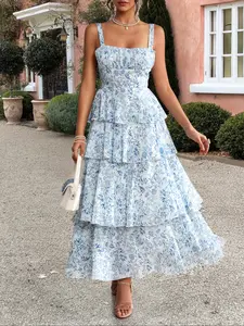 Women's Ditsy Floral Print Tiered Layer Dress, Elegant Sleeveless A Line Dress for Party Holiday Wedding Guest, Ladies Summer Breathable Clothes Womenswear