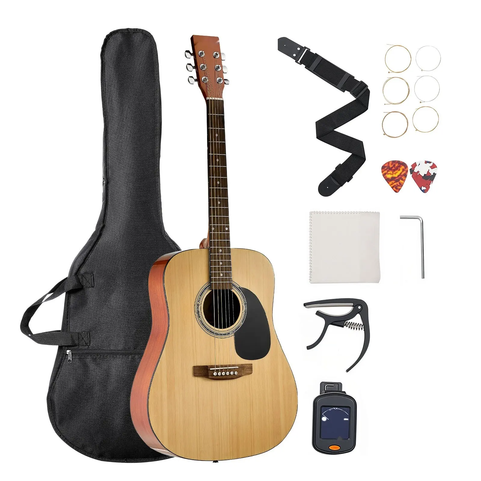 41-Inch Dreadnought Acoustic Guitar Natural Finish Beginner Bundle With Gig Bag, Tuner, Strap, Extra Strings And Picks For Adult Tall Players, Ideal Starter Steel-String Instrument