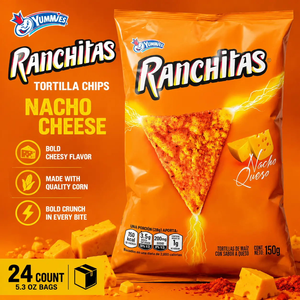 Yummies Ranchitas Tortilla Chips Nacho Cheese 5.3 oz 24 Count Crunchy Cheese Snack Chips