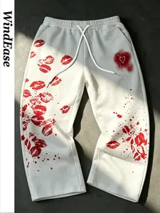 Men's Lip Print Heart Graffiti Wide Leg Casual Sweatpants, Elastic Drawstring Waist, Pocket Sports Long Pants, Comfortable Streetwear, Graphic Sweatpants