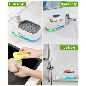 Manual soap dispenser kit, with 2 pump heads that can separately dispense cleaning solution and hand sanitizer. Includes a sponge holder for placing soap, and contains 2 magic sponges and 1 cleaning sponge.