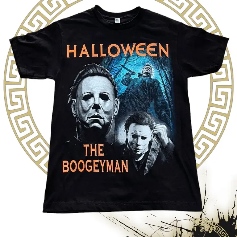 Halloween boogeyman TShirt 100% Cotton with a Big Logo Design for a Cool and Stylish Look! Available in Black.  Classic Menswear Each TShirt is Carefully Packaged Shop Now at QBohStore Streetwear Crewneck T-Shirt Shortsleeve