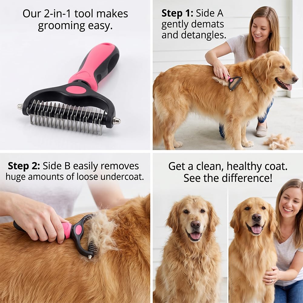 Pet Grooming Brush-Double Sided Hurtless Shedding and Dematting Undercoat Rake Comb for Dogs and Cats, No More Nasty Shedding or Flying Hair