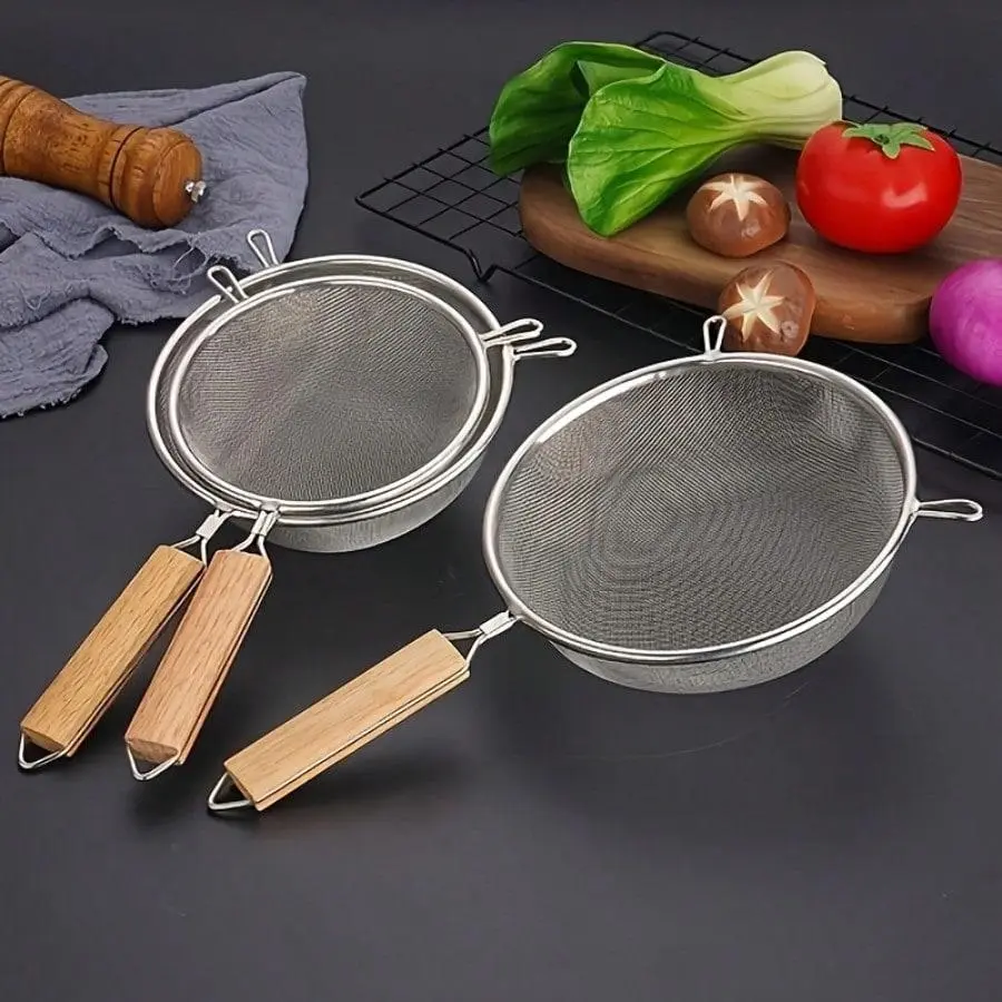 [Halloween, Christmas]Stainless steel strainer stainless steel sieve stainless steel fine mesh strainer Multifunctional Stainless Steel Spoons, Durable, Finely Meshed, Hanging, Easy to Filter Slag, Double Ear Wooden Handle, Frying Spoon, Household Kitchen