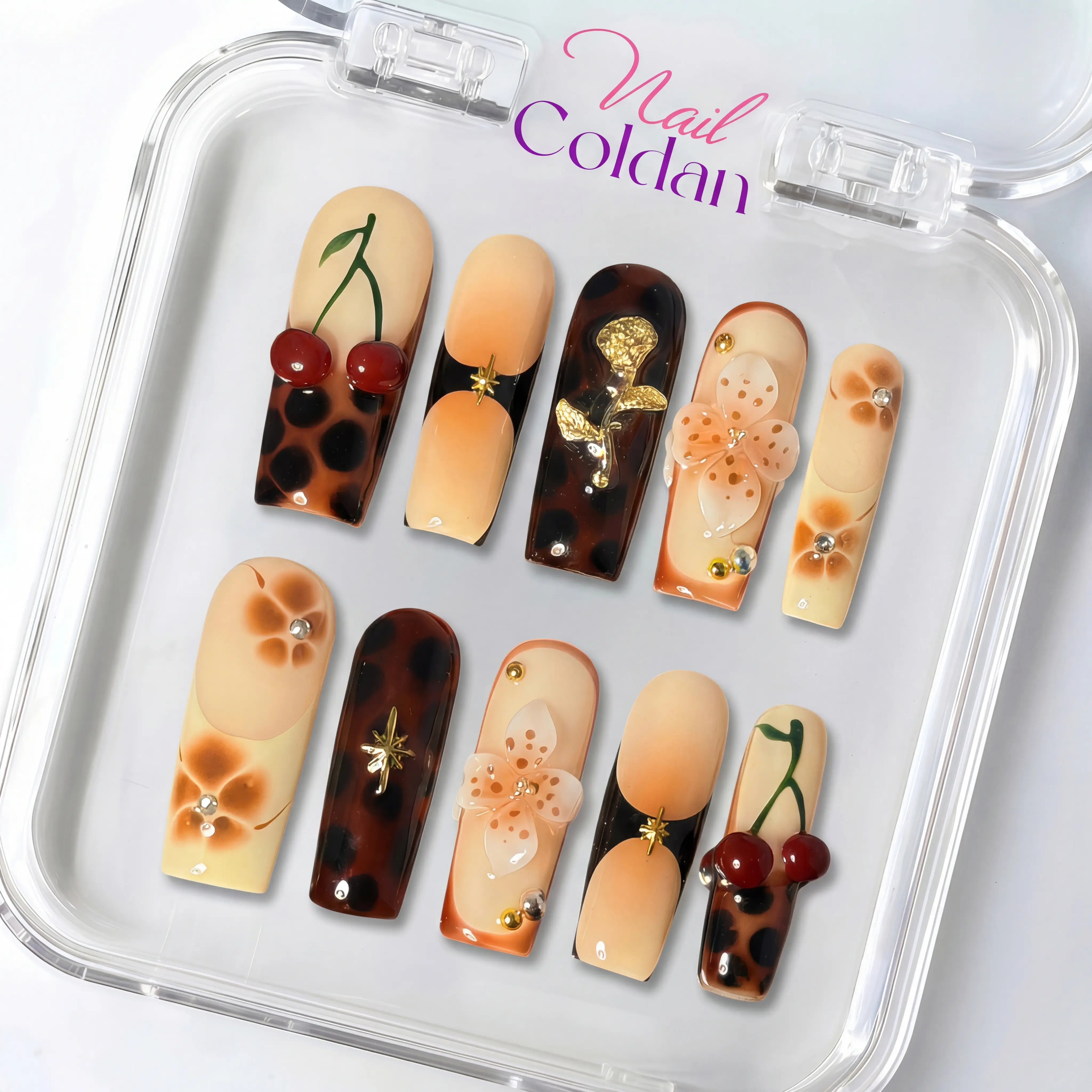 NailColdan 100% Handcrafted 3D Press-on  Handmade Nails Reusable Salon-Quality 2026 New style 10PCS Glitter Base French Tip Eco-Friendly Gel Extension