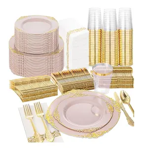 Elegant & Gold Plastic, Includes Plates, Cutlery, Napkins, Cups, Gold Dinnerware Sets, Perfect for Weddings, Parties, Celebrations