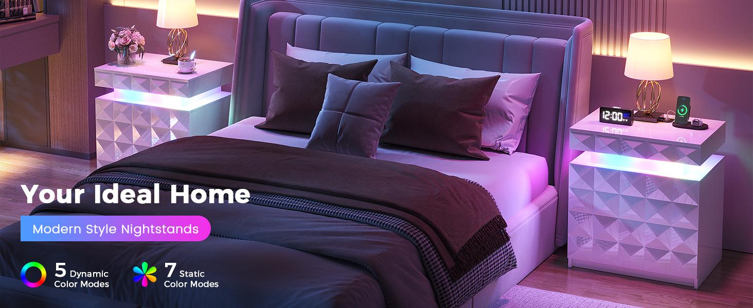 Dystler LED Nightstand Set of 2 with Charging Station,3 Drawers Night Stand with Lockable Hidden Storage,Smart Bedside Table with Human Sensor RGB Lights for Bedroom,white