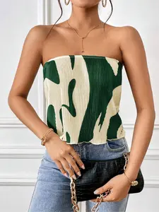 Women's Graphic Print Pleated Strapless Fitted Tube Top, Elegant Fashion Casual Sleeveless Top for Daily Outdoor Wear, Ladies Clothes for All Seasons