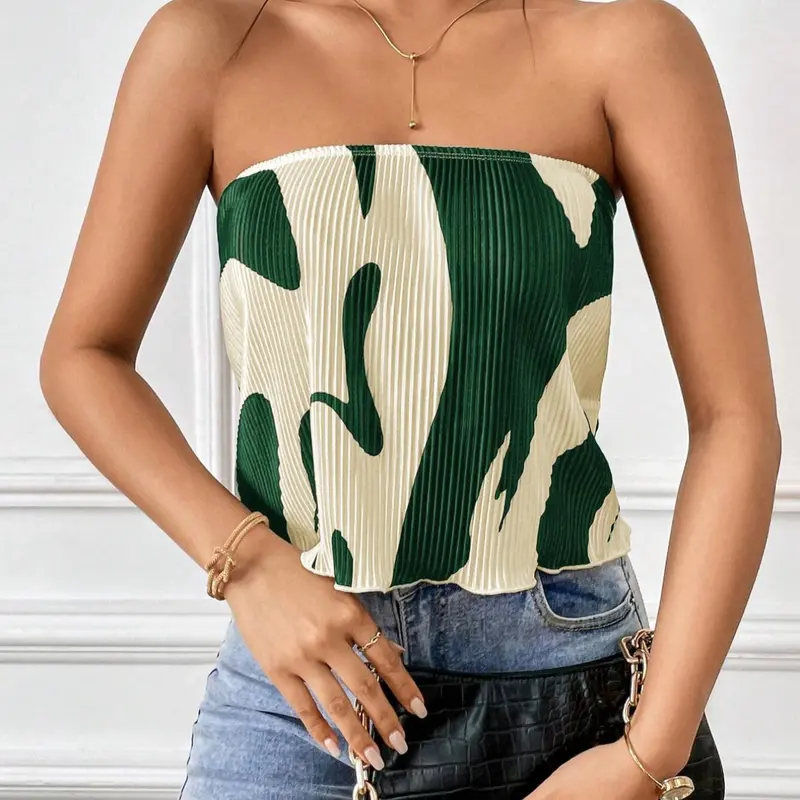 Summer New Holiday Beach Print Strapless Tube Top, Cropped Tube Top, Backless Sleeveless Vest, Elegant Fitted Short Top, All Seasons Graphic Design, Women, Trendy Top
