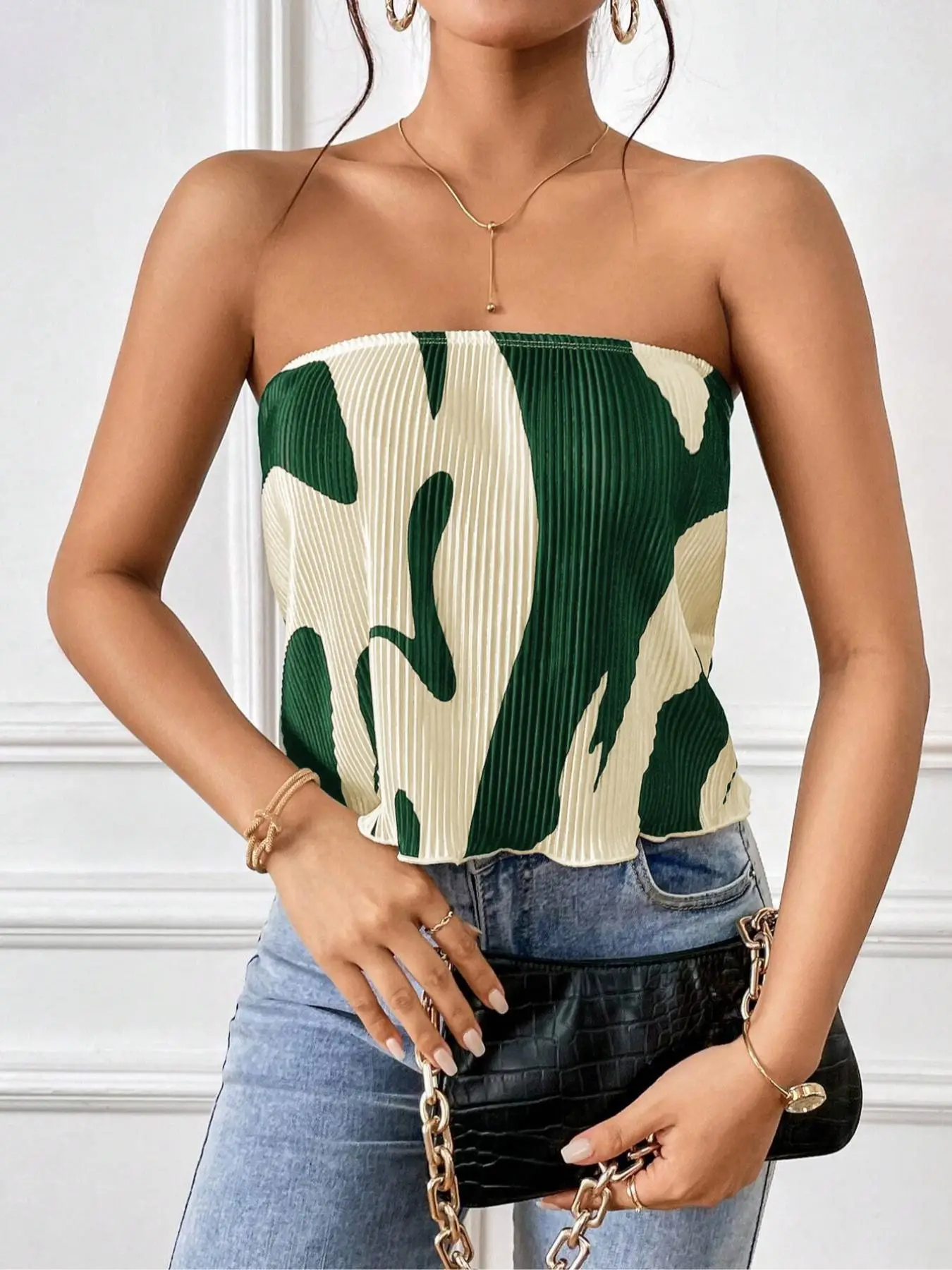 Women's Graphic Print Pleated Tube Top, Elegant Fashion Casual Sleeveless Top for Daily Outdoor Wear, Ladies Clothes for All Seasons