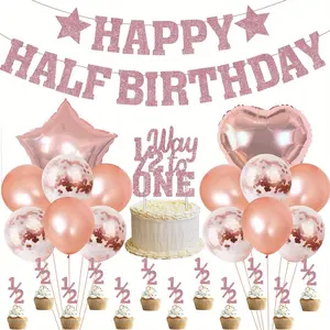 1 Set Birthday Party Decorations for Rose Gold Glitter Happy Half Birthday Banner To One Cake Topper Balloons Set for Birthday Party Su Aluminium