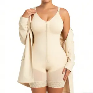Women's Colombian Faja Full Body Shapewear Bodysuit, Lace Adjustable Comfortable Everyday Compression Waist Trainer, Open Bust with Detachable Butt Lifter, Zipper Crotch, Shoulder Straps, Ultra-Stretch Breathable Corset Short Jumpsuit