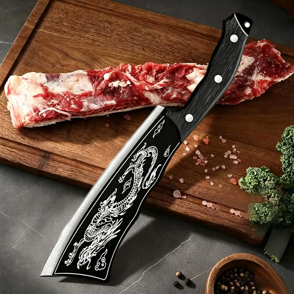 【Back To School Gift】13-in High Carbon Steel Kitchen Chef Cleaver - Handmade Dragon Forged Outdoor Knife