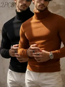 Men's 2-Pack Turtleneck Knit Sweaters, Slim Fit Stretch Thermal Base Layer Tops, & Pullovers for Fall & Winter, 12 Colors