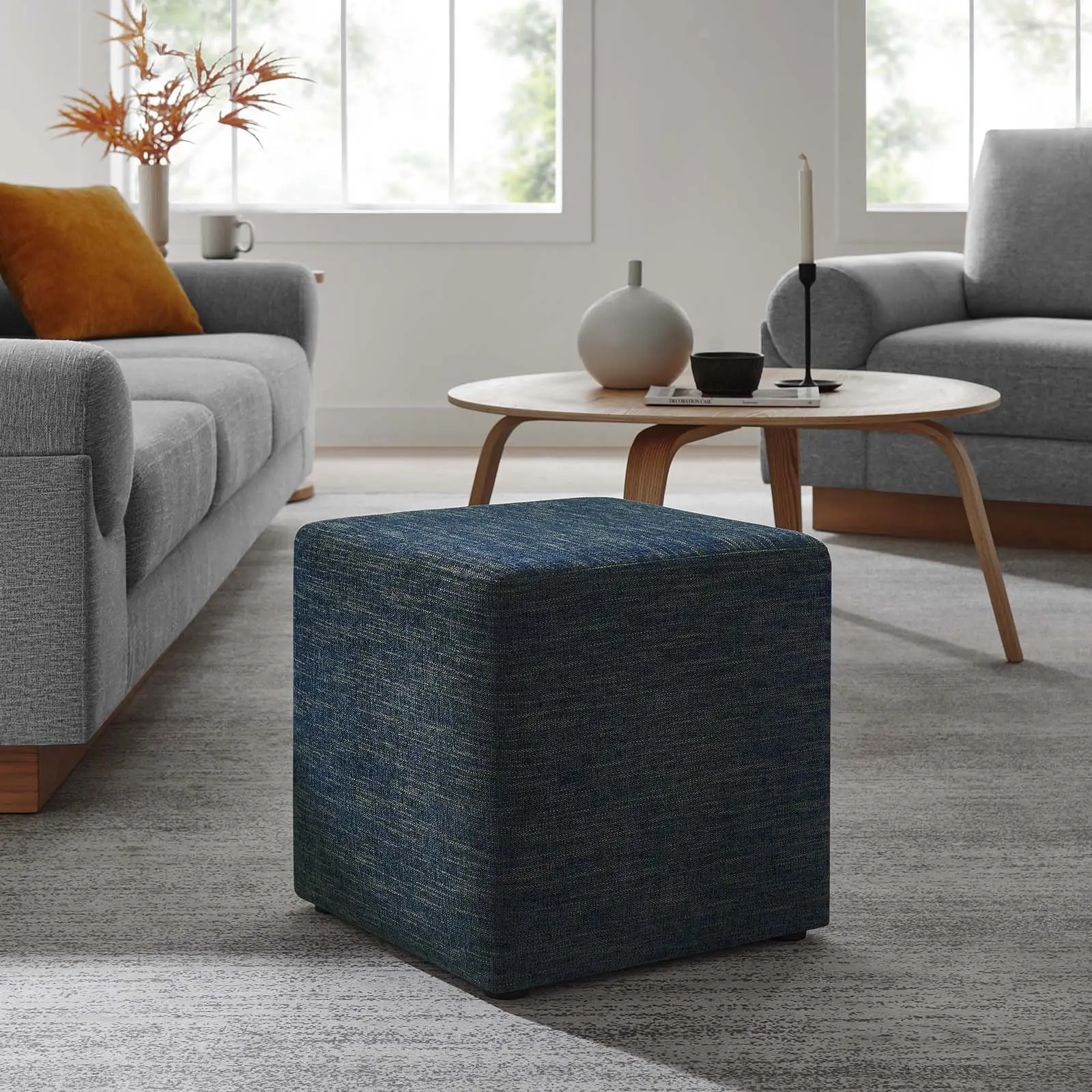 Modway Callum 17" Square Upholstered Ottoman - Square Form, Woven Heather Azure Woven Fabric, Foam Cushion, Plastic Legs, Non-Marking Glides, 506 lbs Capacity, Fully Assembled, Fixed Back, Space-Saving Modern Side Table Footstool for Contemporary Homes