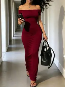 One-Shoulder Bodycon Long Dress, High Elastic Fabric, Revealing Shoulder Design, Daily Wear and Dates, Slimming and Versatile, Coat Women Essential Athleisure Beach Vacation Crew Neck Shorts, Classic, Trendy
