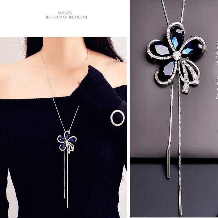 Blue flower Pendant Necklaces Long chain Necklace