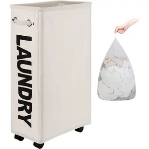 29-Inches Enlarged Slim Laundry Basket with Removable Wash Bag on Wheels, Collapsible Rolling Laundry Hamper, Foldable Narrow Corner Clothes Storage Bins (Beige)