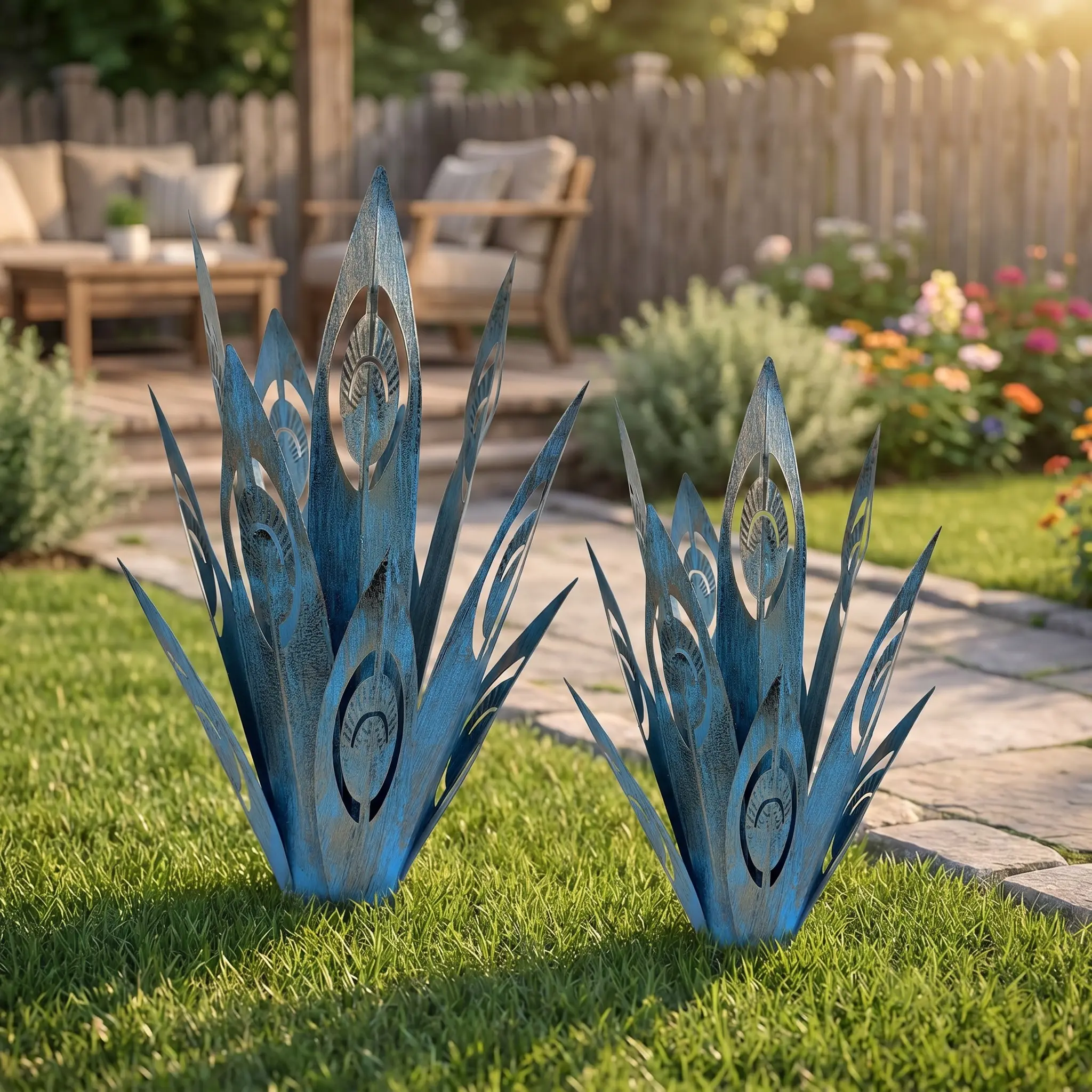 2-Pack Rustic Metal Agave Peacock Garden Sculptures - 16in & 12in Waterproof Hollow-Out Outdoor Statues with Shadow Effect for Patio, Lawn Boho Home Decor