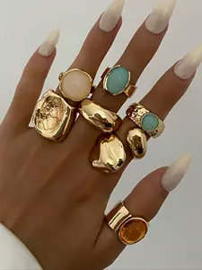 Women's Vintage Geometric Gemstone Stackable Rings Set, Zinc Alloy Jewelry for Women, Casual All-Season Party Gift Accessories