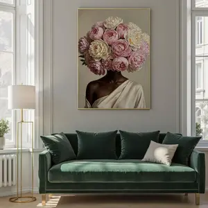 Peony Head Black Woman Art, Elegant Floral Painting, Neutral Feminine Wall Decor Statement, Surreal African American Portrait Print