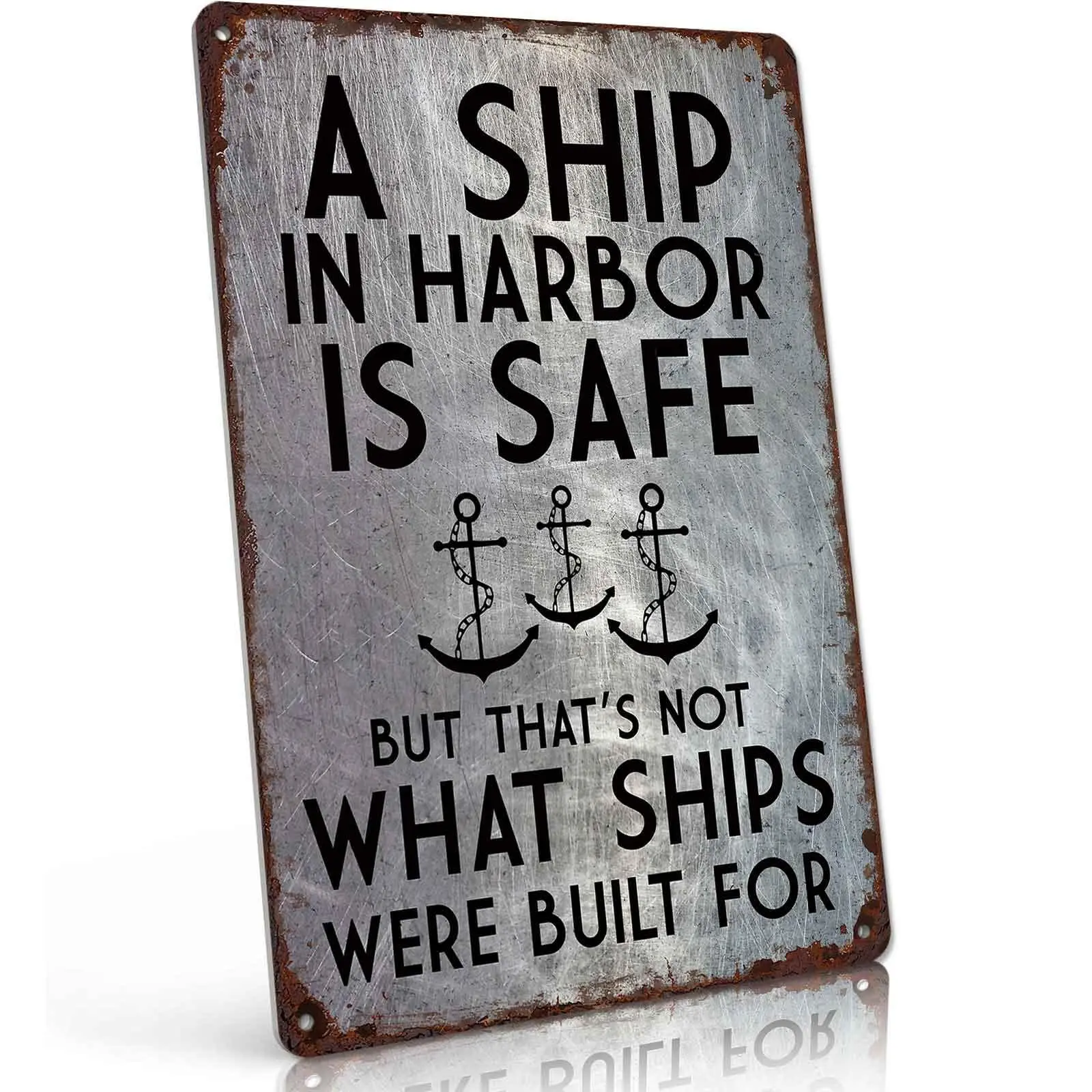 Vintage Nautical Aluminium Mountable Decorative Room Sign, 8x12 In Lightweight "A Ship In Harbor Is Safe" Quote Metal Tin Sign with Anchor, Home Decor for Garage, Inspirational Gift for Adventure Lovers