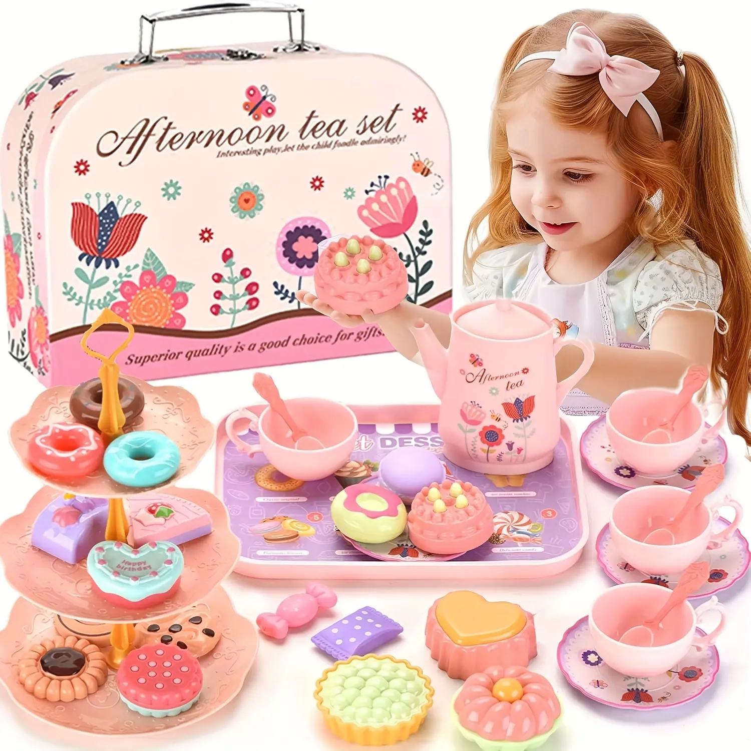 Deluxe DIY Pretend Play Tea Set For Youngsters - Colorful Simulation Kitchen Tableware With Floral Teapots, Cups, Plates & Desserts, Ideal Afternoon Tea Game & Gift For Girls, Tea Cup Set