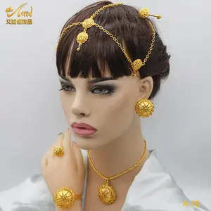ANIID New Ethiopian Flower Shape Gold Plated 6pcs Jewelry Sets For Women Nigerian Luxury Dubai Necklace Jewellery Set Wedding