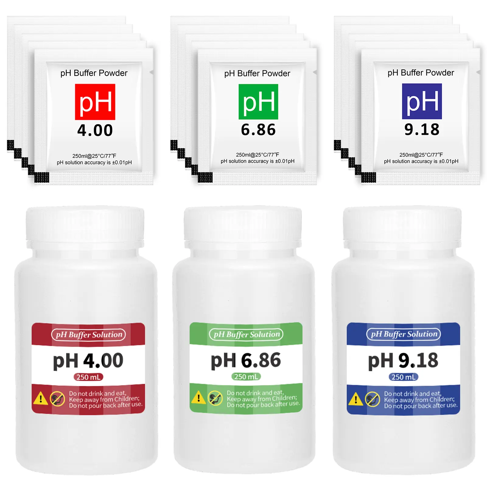 15 Pack pH Calibration Buffer Powder with 3 Bottles, 250 ml Each for pH 6.86, pH 4.00 and pH 9.18 Calibration Solution, pH Calibration Packets for pH Tester/Pen/Meter