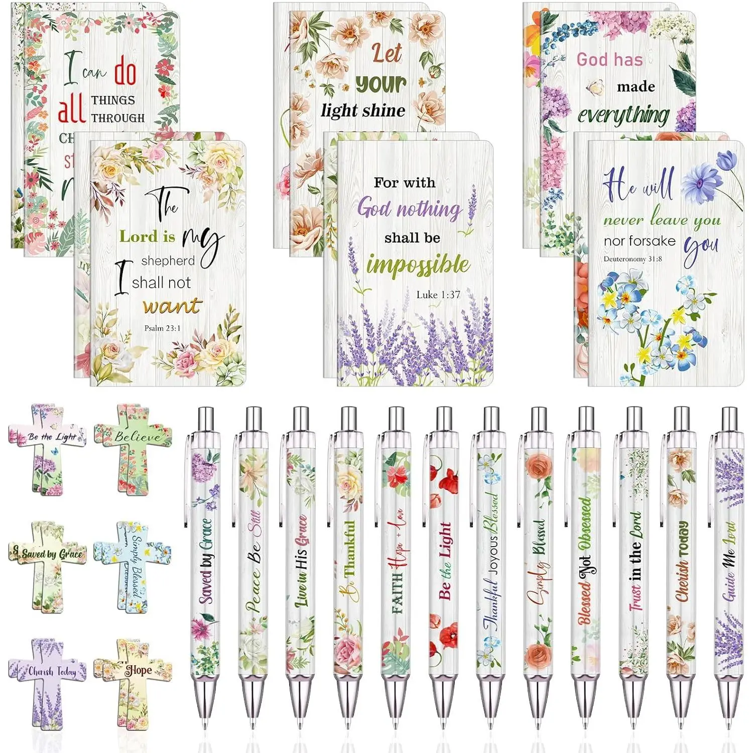 36 count Christian Bulk Gifts for Women Include 12 Mini  Verse Notepads, 12 Scripture Ballpoint Pens & 12  Cross Bookmarks, Cute Religious Notebooks Gifts Prizes Party Favors, 3.5"x5.5"