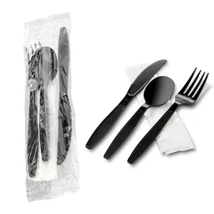MT Products  Individually Wrapped Disposable Black Plastic Cutlery Set with Napkin