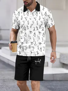 Men's Golf Two-Piece Set, Menswear Cartoon Print Polo Shirt and Shorts, Casual Short Sleeve Button-Up Top, Summer Sports Wear, Street Style