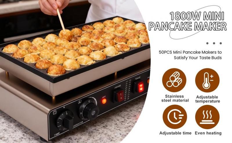 Commercial Mini Pancake Maker, Stainless Steel Pancake Maker Machine with Waterproof Switch & Even Heating, 110V Non-Stick Dutch Pancake Baker for Fast Cooking, Coffee Shop, Party (50pcs) Commercial Mini Pancake Maker, Stainless Steel Pancake Maker Machine with Waterproof Switch & Even Heating, 110V Non-Stick Dutch Pancake Baker for Fast Cooking, Coffee Shop, Party (50pcs)