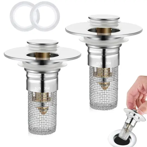 2pcs Stainless Steel Pop-Up Bathroom Sink Stopper Strainer with Removable Hair Catcher Basket - 1.1 inches to 1.57 inches Universal Fit, Easy Installation, Durable, Ensures Smooth Drainage, Filters Out Hair and Debris