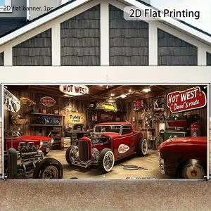2D flat banner, 1 piece. 2D printed vintage garage classic car No. 66 highway garage door fabric. Strong festive decorative property, very suitable for adding festive atmosphere to your family party decoration. kdj