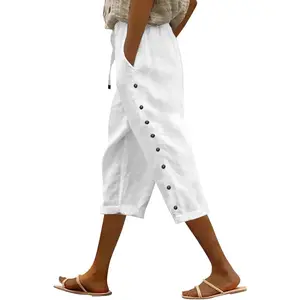 Striped Linen Pants Women Linen Capri Pants Lightweight Spring Summer Pants for Women 2025 Ladies Pinstripe Pants