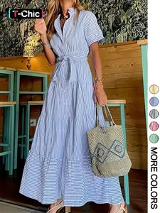 Women's Striped Print Belted Button Dress, Elegant Casual  Long Dress for Summer, Women's Clothing for Daily Wear
