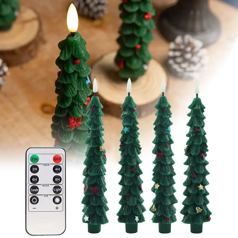 4-Pack Christmas Tree Flameless Taper Candles with Remote Timer 10" Battery Operated 3D Wick LED Flickering for Home Wedding Party Decorations Realistic Ornaments,for Home, Wedding, Party Decorations,Thanksgiving, Christmas