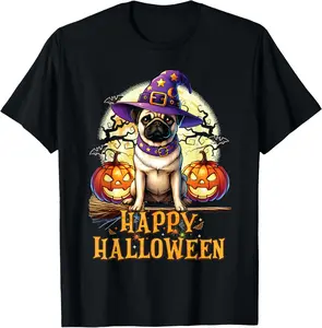 100% Cotton Unisex Dog Lovers Cute Pug Celebrating Witch Hat Funny Halloween T-Shirt
